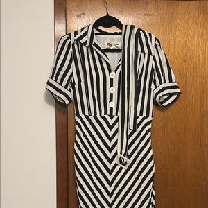 Joanie clothing striped retro belted dress midi length